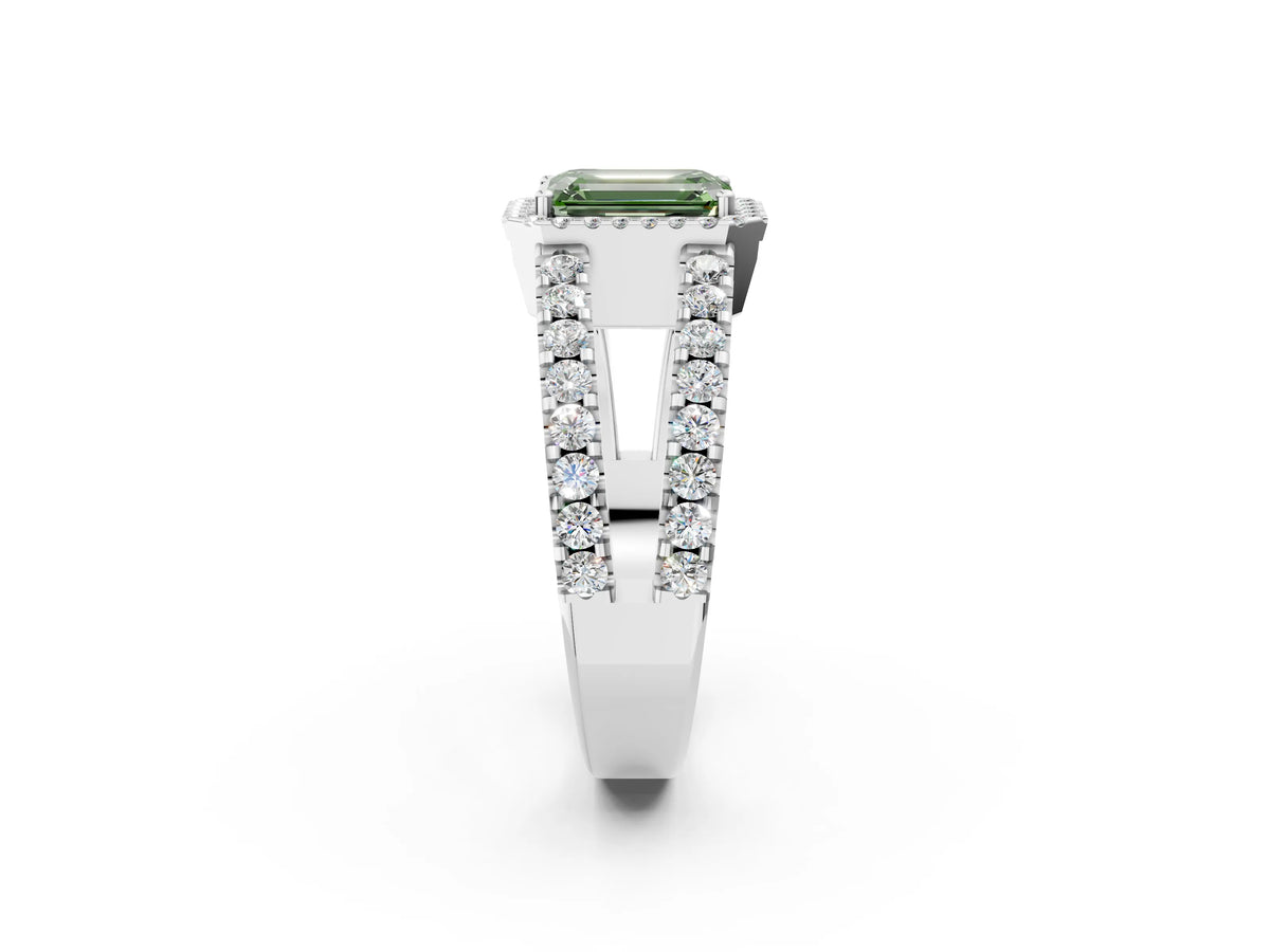 Fancy Green Emerald Cut Diamond Halo Ring in Platinum with Split Shank Band and Prong Setting_14