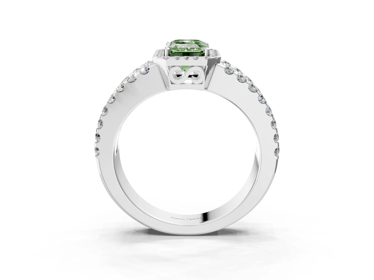 Fancy Green Emerald Cut Diamond Halo Ring in Platinum with Split Shank Band and Prong Setting_15