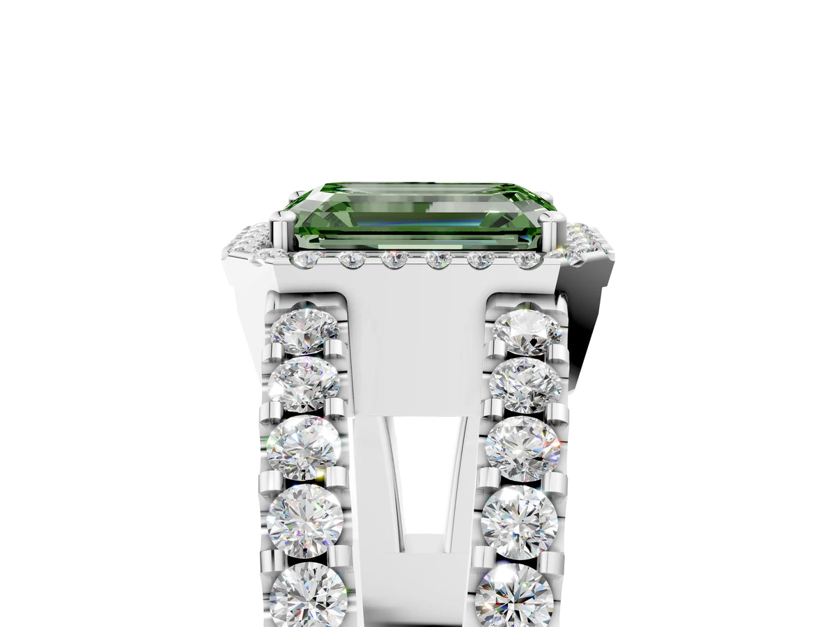 Fancy Green Emerald Cut Diamond Halo Ring in Platinum with Split Shank Band and Prong Setting_17