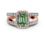 Fancy Green Emerald Cut Diamond Halo Ring in Rose gold with Split Shank Band and Prong Setting