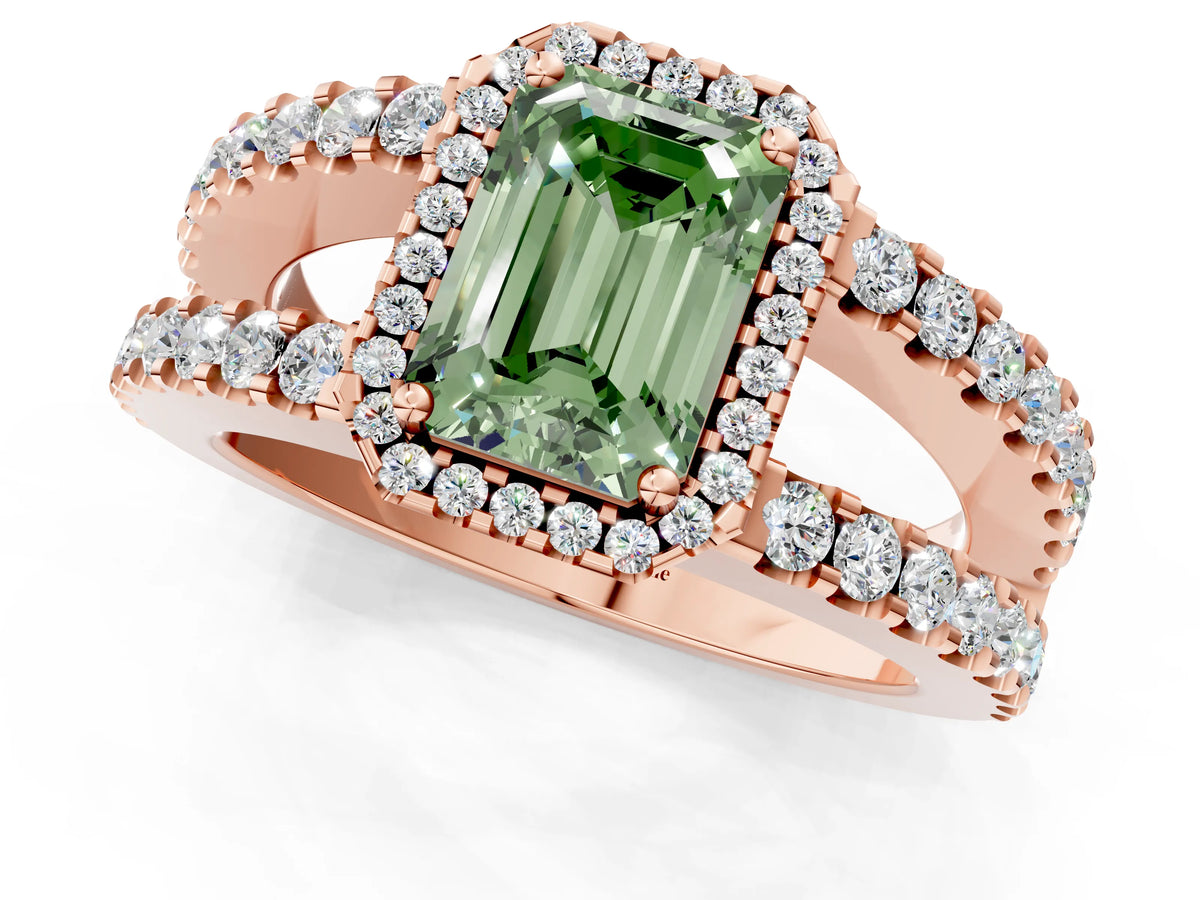 Fancy Green Emerald Cut Diamond Halo Ring in Rose gold with Split Shank Band and Prong Setting_1