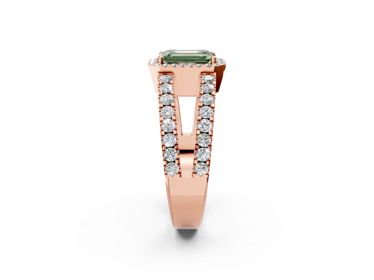 Fancy Green Emerald Cut Diamond Halo Ring in Rose gold with Split Shank Band and Prong Setting_2