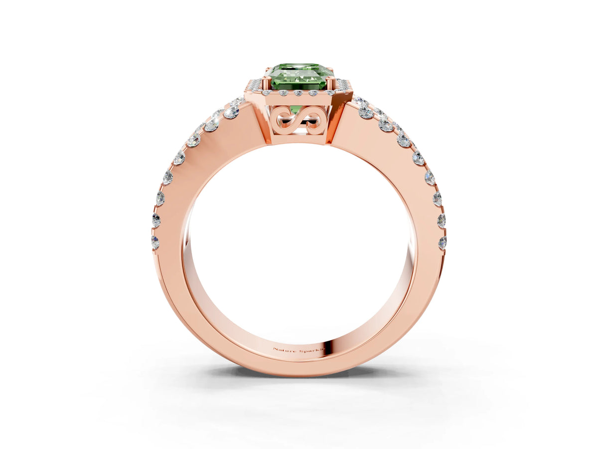 Fancy Green Emerald Cut Diamond Halo Ring in Rose gold with Split Shank Band and Prong Setting_3