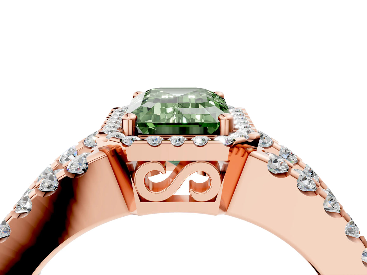 Fancy Green Emerald Cut Diamond Halo Ring in Rose gold with Split Shank Band and Prong Setting_4