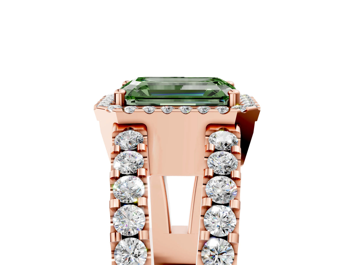 Fancy Green Emerald Cut Diamond Halo Ring in Rose gold with Split Shank Band and Prong Setting_5