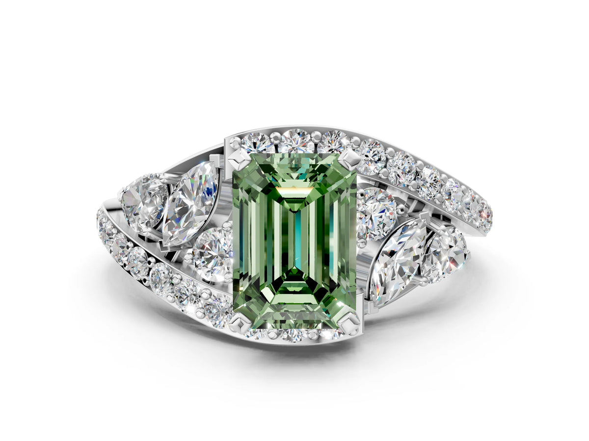 Fancy Green Emerald Cut Diamond Halo Ring in Silver with Marquise and Pavé Band in Prong Setting_12