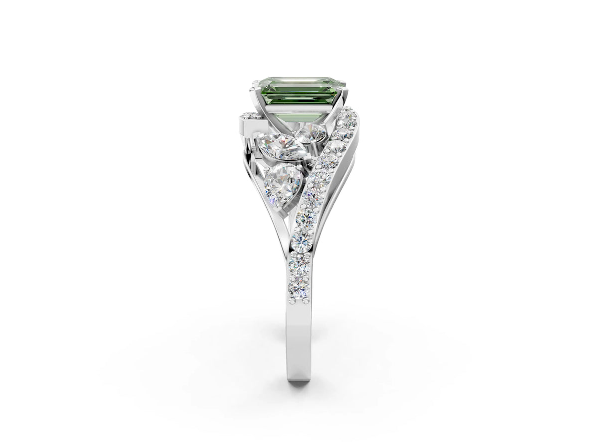 Fancy Green Emerald Cut Diamond Halo Ring in Silver with Marquise and Pavé Band in Prong Setting_14