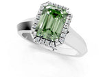 Fancy Green Emerald Cut Diamond Halo Ring in White gold with Cathedral Band and Prong Setting_1