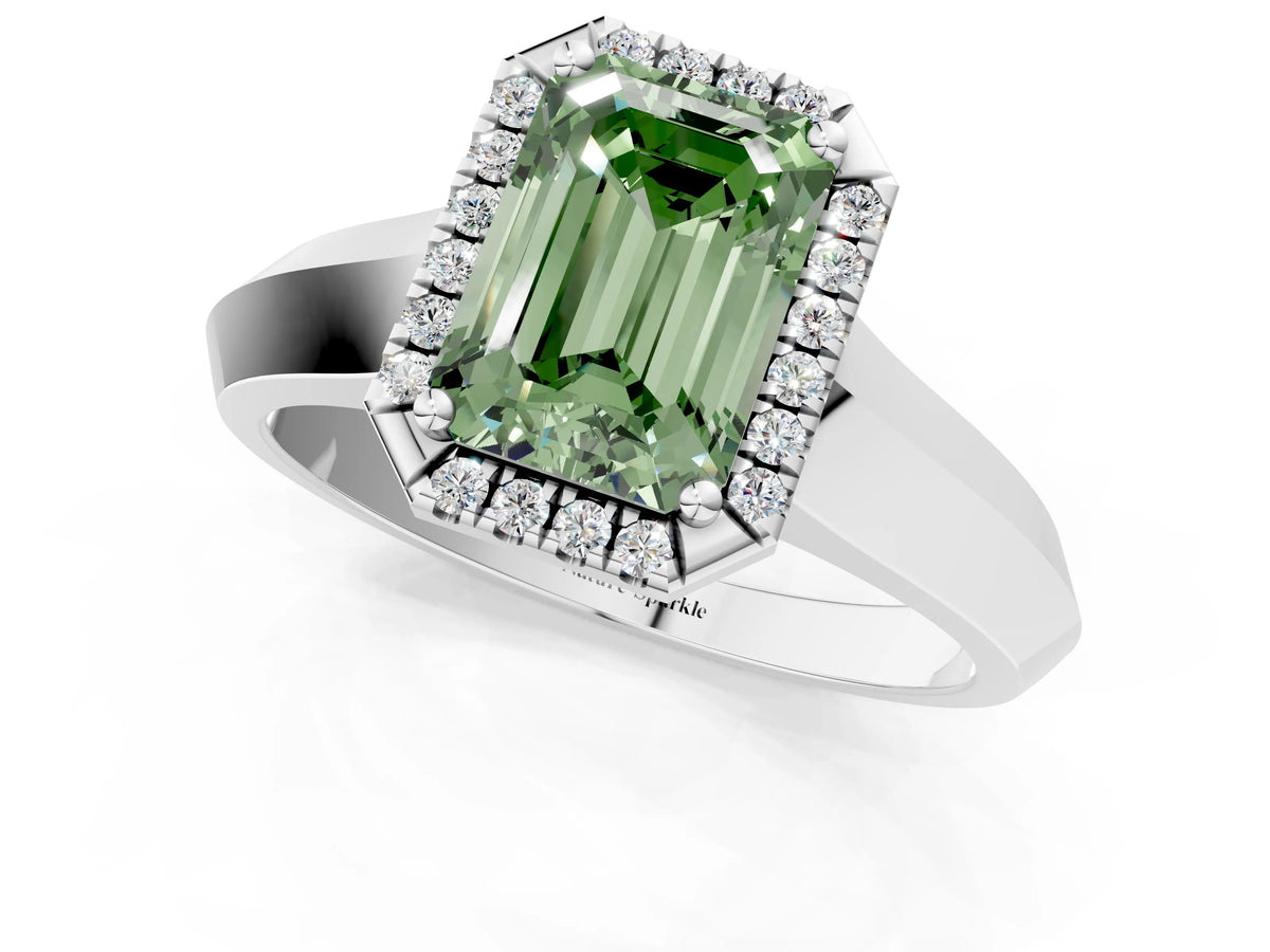 Fancy Green Emerald Cut Diamond Halo Ring in White gold with Cathedral Band and Prong Setting_1