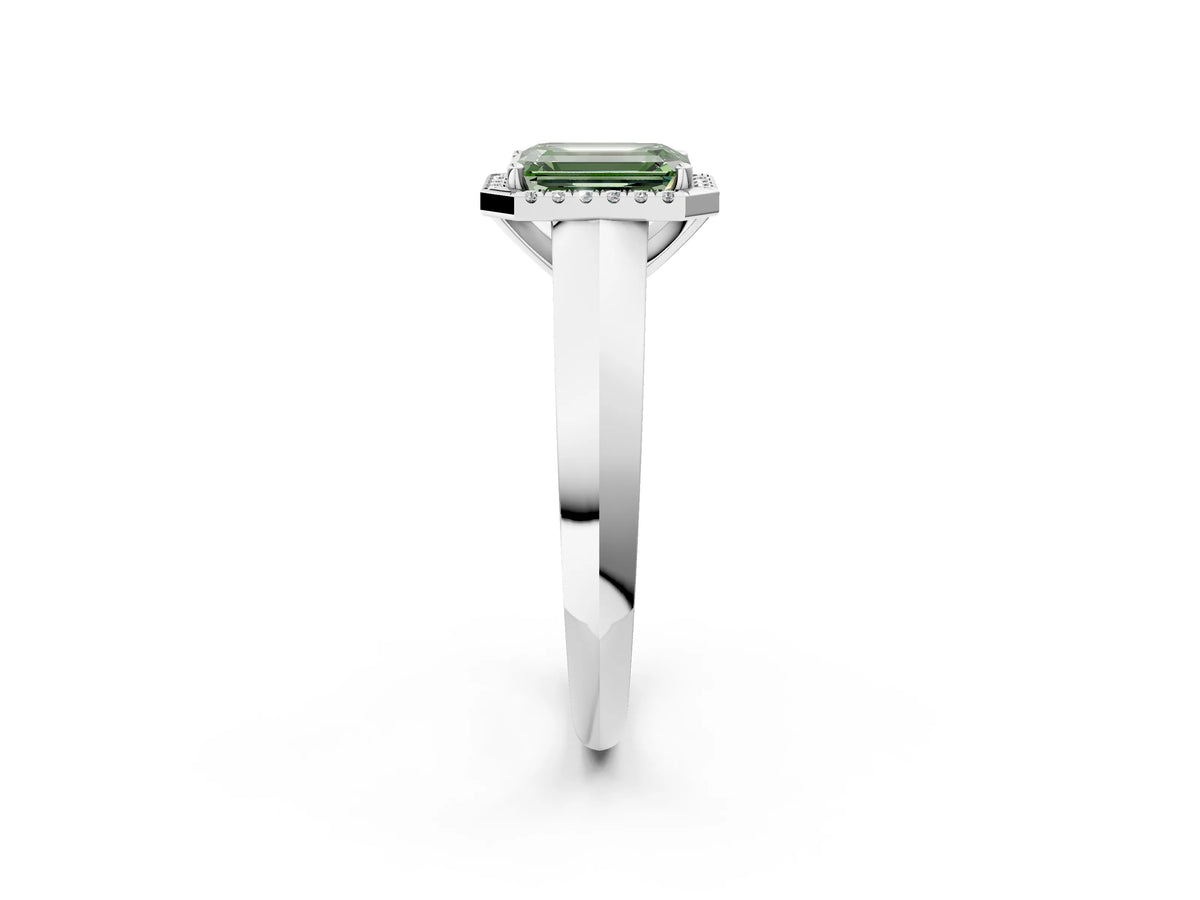 Fancy Green Emerald Cut Diamond Halo Ring in White gold with Cathedral Band and Prong Setting_2