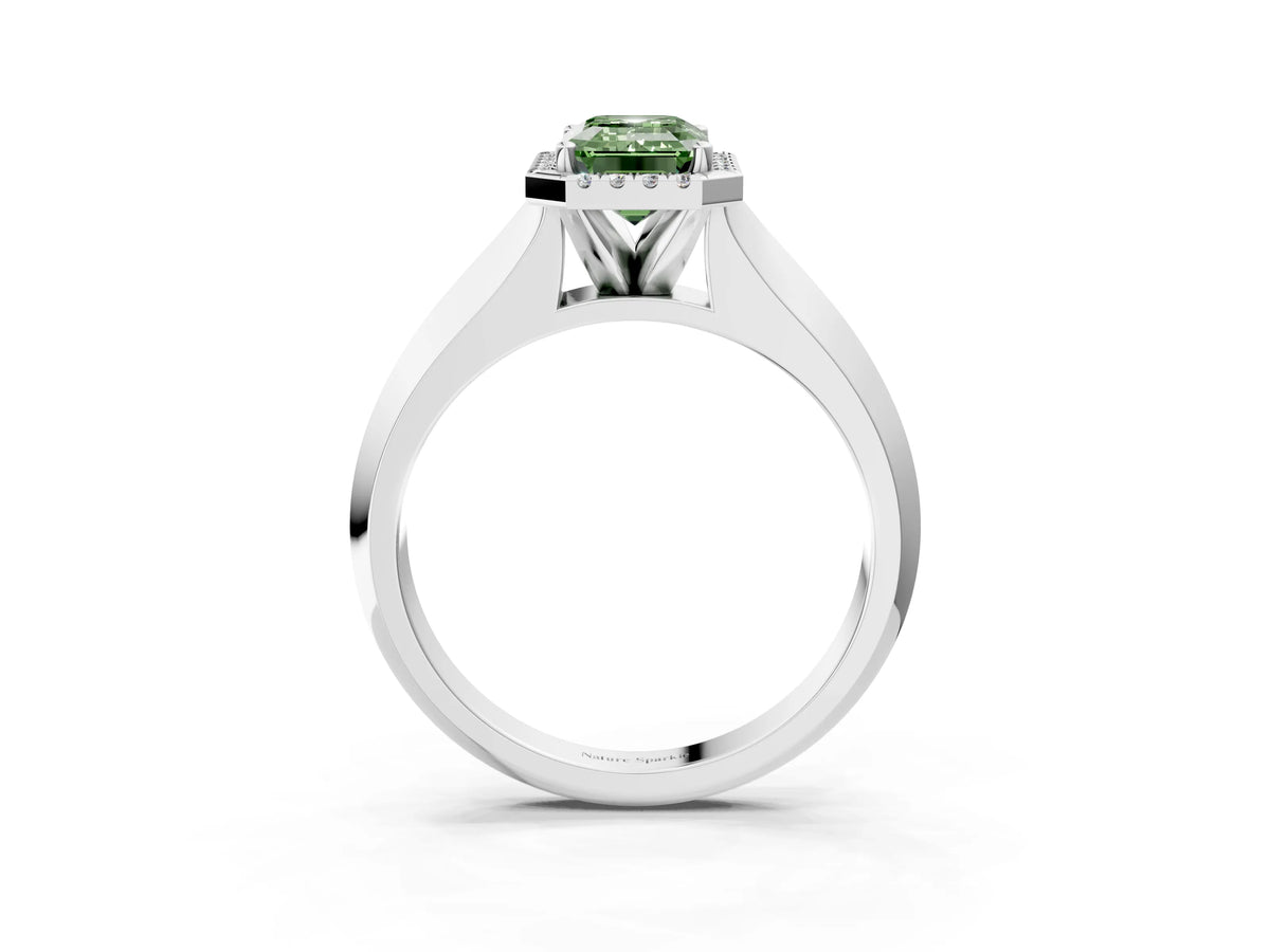 Fancy Green Emerald Cut Diamond Halo Ring in White gold with Cathedral Band and Prong Setting_3