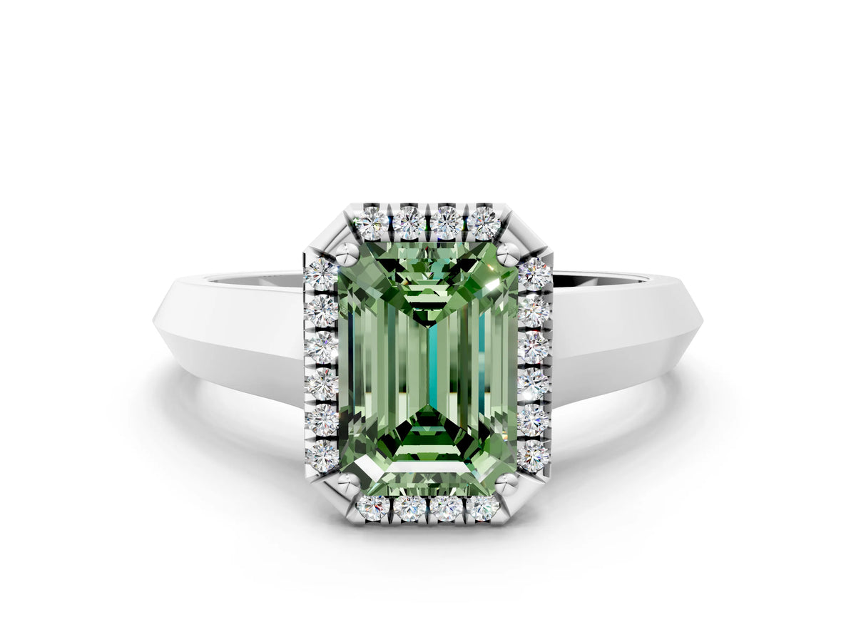 Fancy Green Emerald Cut Diamond Halo Ring in White gold with Cathedral Band and Prong Setting