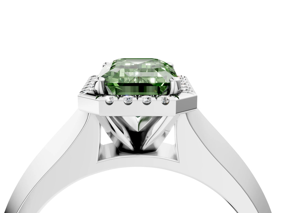 Fancy Green Emerald Cut Diamond Halo Ring in White gold with Cathedral Band and Prong Setting_4