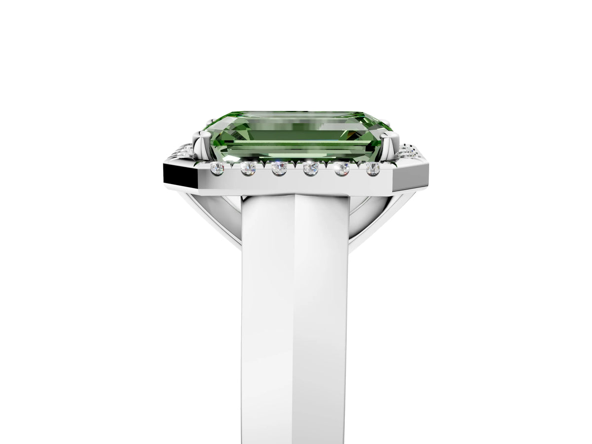 Fancy Green Emerald Cut Diamond Halo Ring in White gold with Cathedral Band and Prong Setting_5