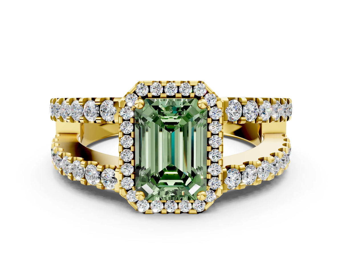 Fancy Green Emerald Cut Diamond Halo Ring in Yellow gold with Split Shank Band and Prong Setting