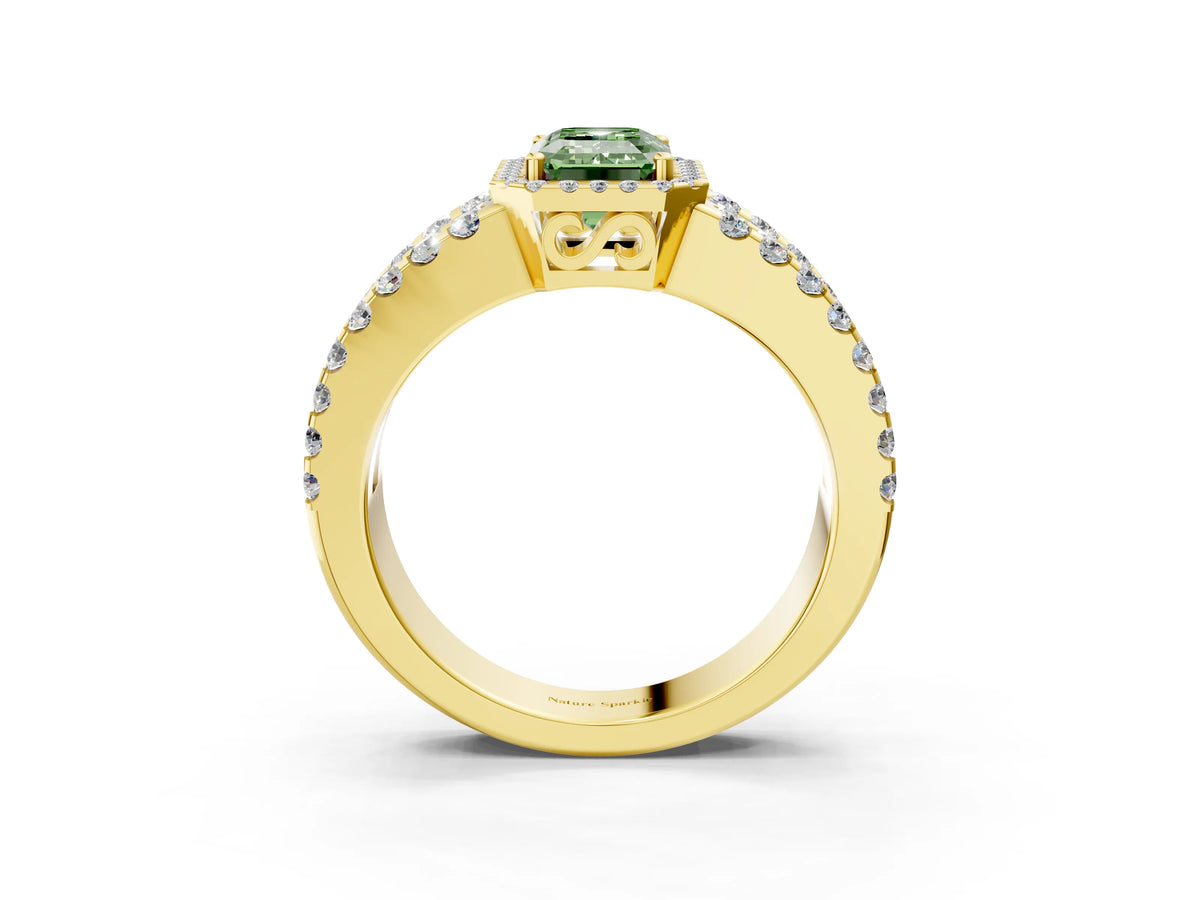 Fancy Green Emerald Cut Diamond Halo Ring in Yellow gold with Split Shank Band and Prong Setting_3