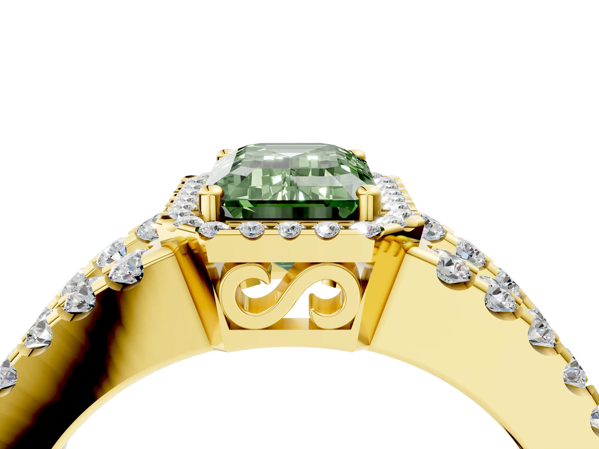Fancy Green Emerald Cut Diamond Halo Ring in Yellow gold with Split Shank Band and Prong Setting_4