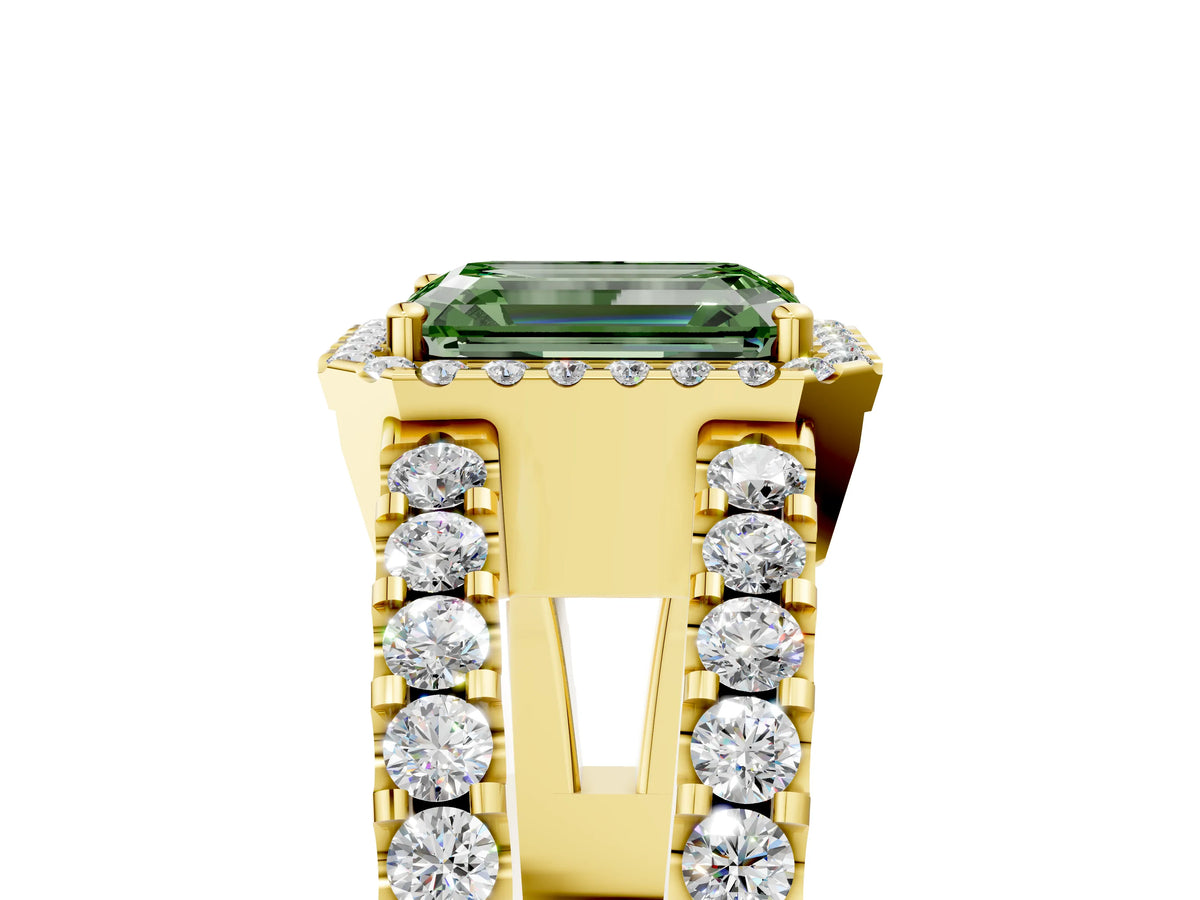 Fancy Green Emerald Cut Diamond Halo Ring in Yellow gold with Split Shank Band and Prong Setting_5