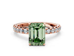 Fancy Green Emerald Cut Diamond Pavé Solitaire Ring in Rose gold with Round Pavé Band and Prong Setting