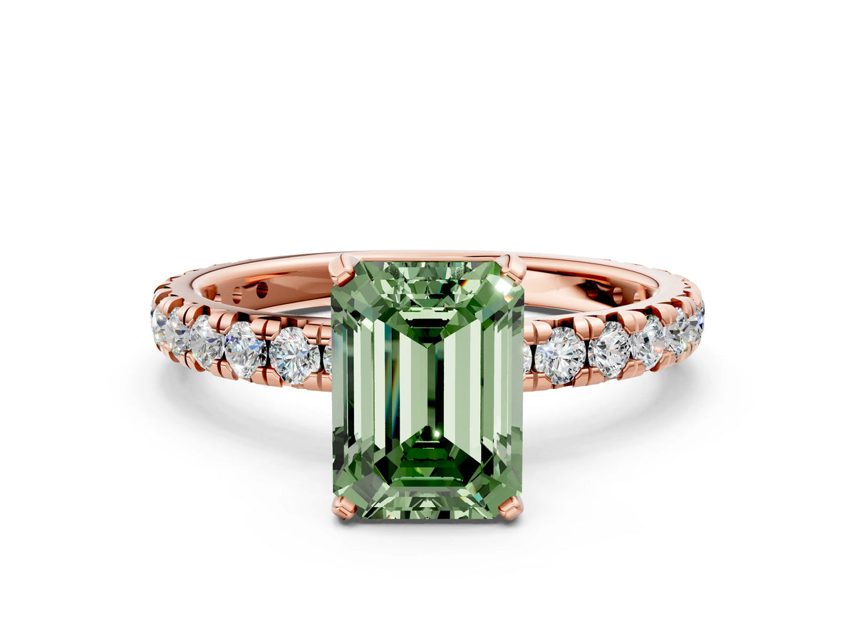 Fancy Green Emerald Cut Diamond Pavé Solitaire Ring in Rose gold with Round Pavé Band and Prong Setting