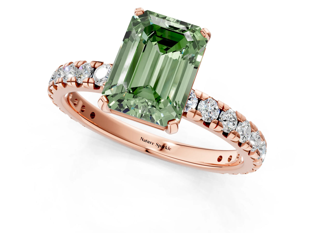 Fancy Green Emerald Cut Diamond Pavé Solitaire Ring in Rose gold with Round Pavé Band and Prong Setting_1