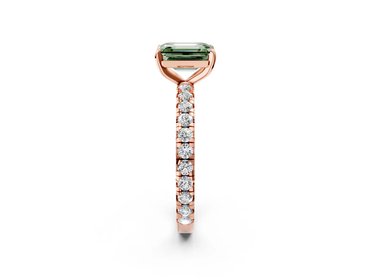 Fancy Green Emerald Cut Diamond Pavé Solitaire Ring in Rose gold with Round Pavé Band and Prong Setting_2