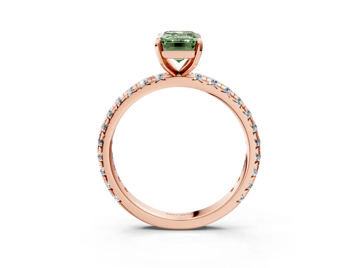 Fancy Green Emerald Cut Diamond Pavé Solitaire Ring in Rose gold with Round Pavé Band and Prong Setting_3