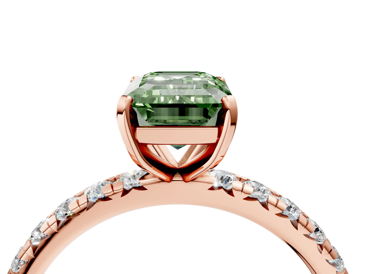 Fancy Green Emerald Cut Diamond Pavé Solitaire Ring in Rose gold with Round Pavé Band and Prong Setting_4