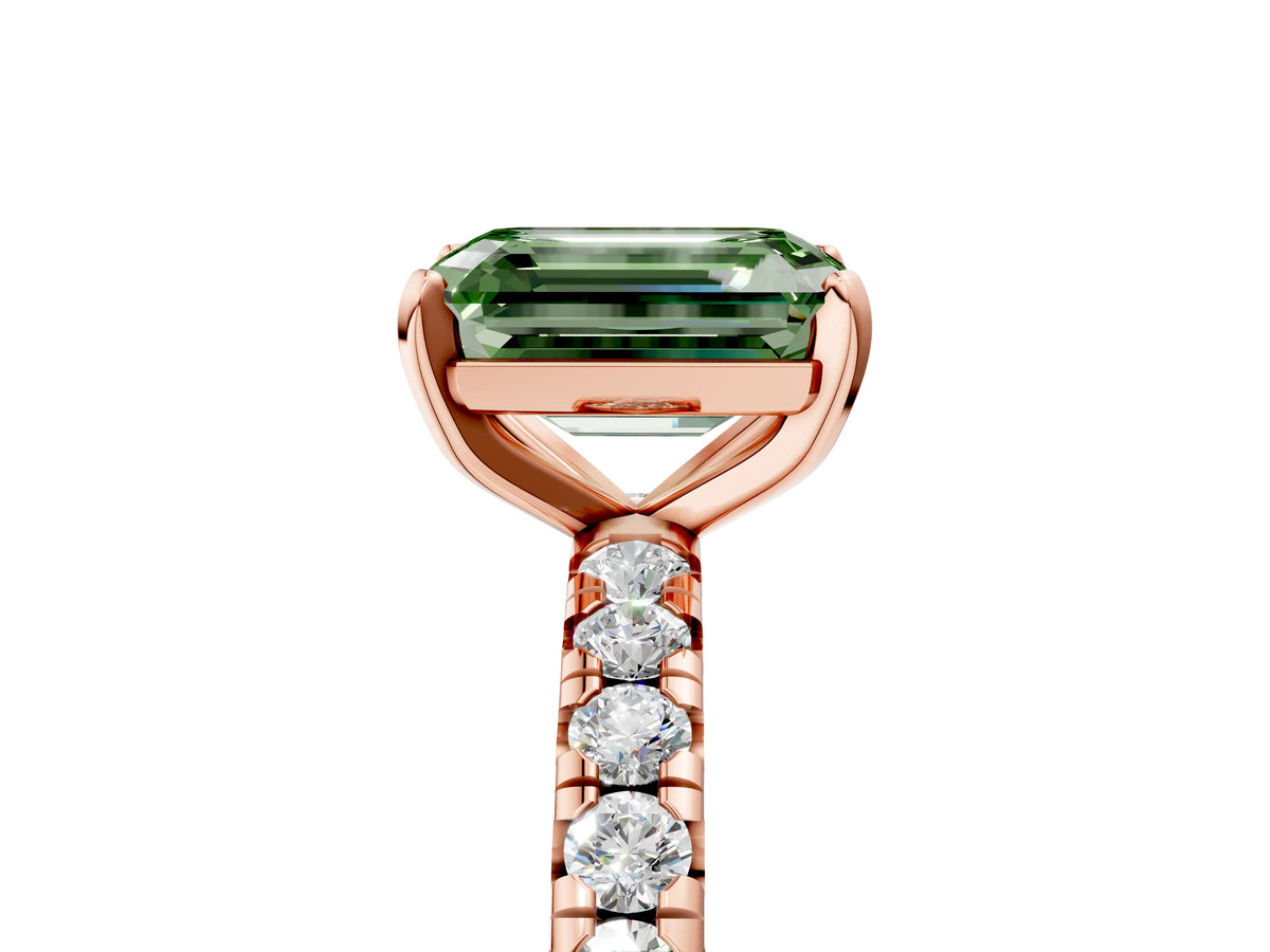 Fancy Green Emerald Cut Diamond Pavé Solitaire Ring in Rose gold with Round Pavé Band and Prong Setting_5