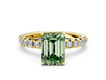 Fancy Green Emerald Cut Diamond Pavé Solitaire Ring in Yellow gold with Round Pavé Band and Prong Setting