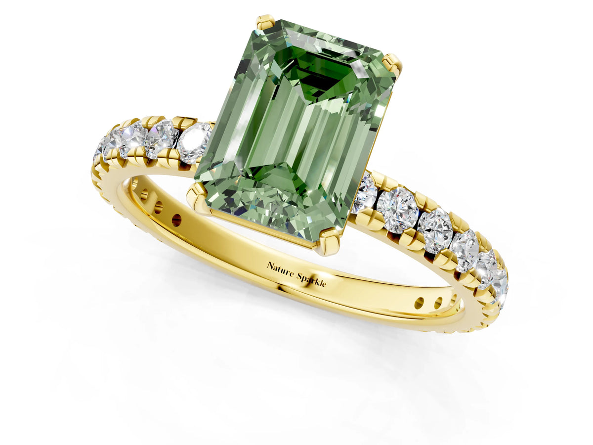 Fancy Green Emerald Cut Diamond Pavé Solitaire Ring in Yellow gold with Round Pavé Band and Prong Setting_1