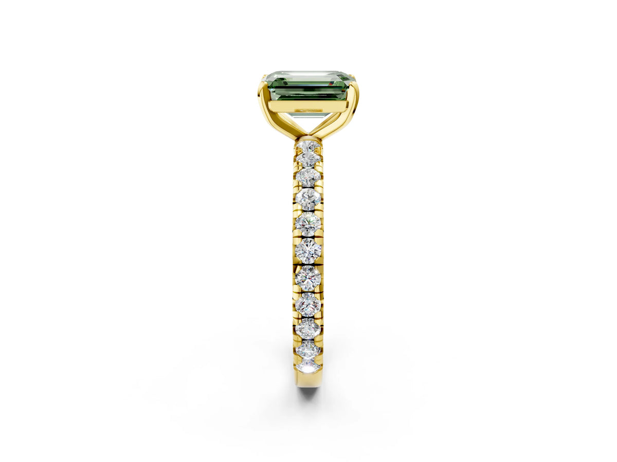 Fancy Green Emerald Cut Diamond Pavé Solitaire Ring in Yellow gold with Round Pavé Band and Prong Setting_2