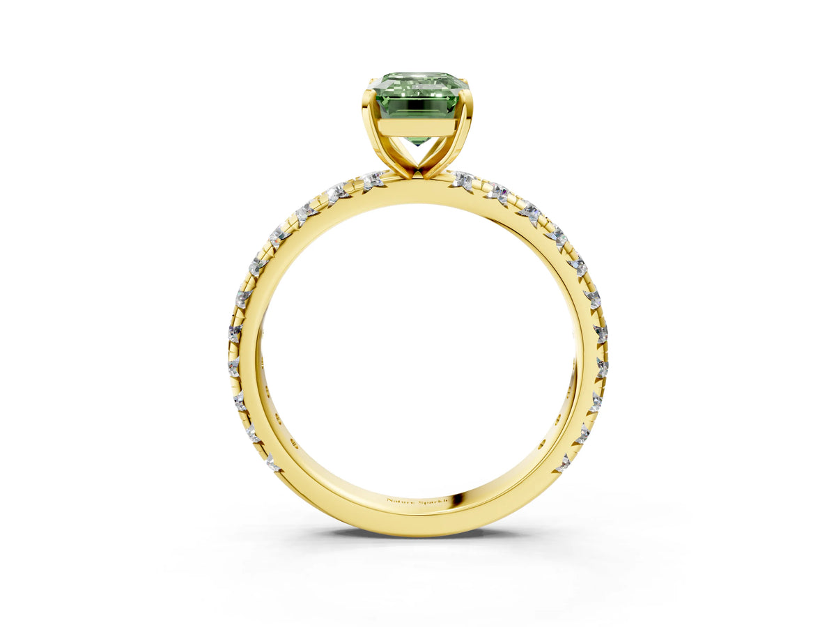 Fancy Green Emerald Cut Diamond Pavé Solitaire Ring in Yellow gold with Round Pavé Band and Prong Setting_3