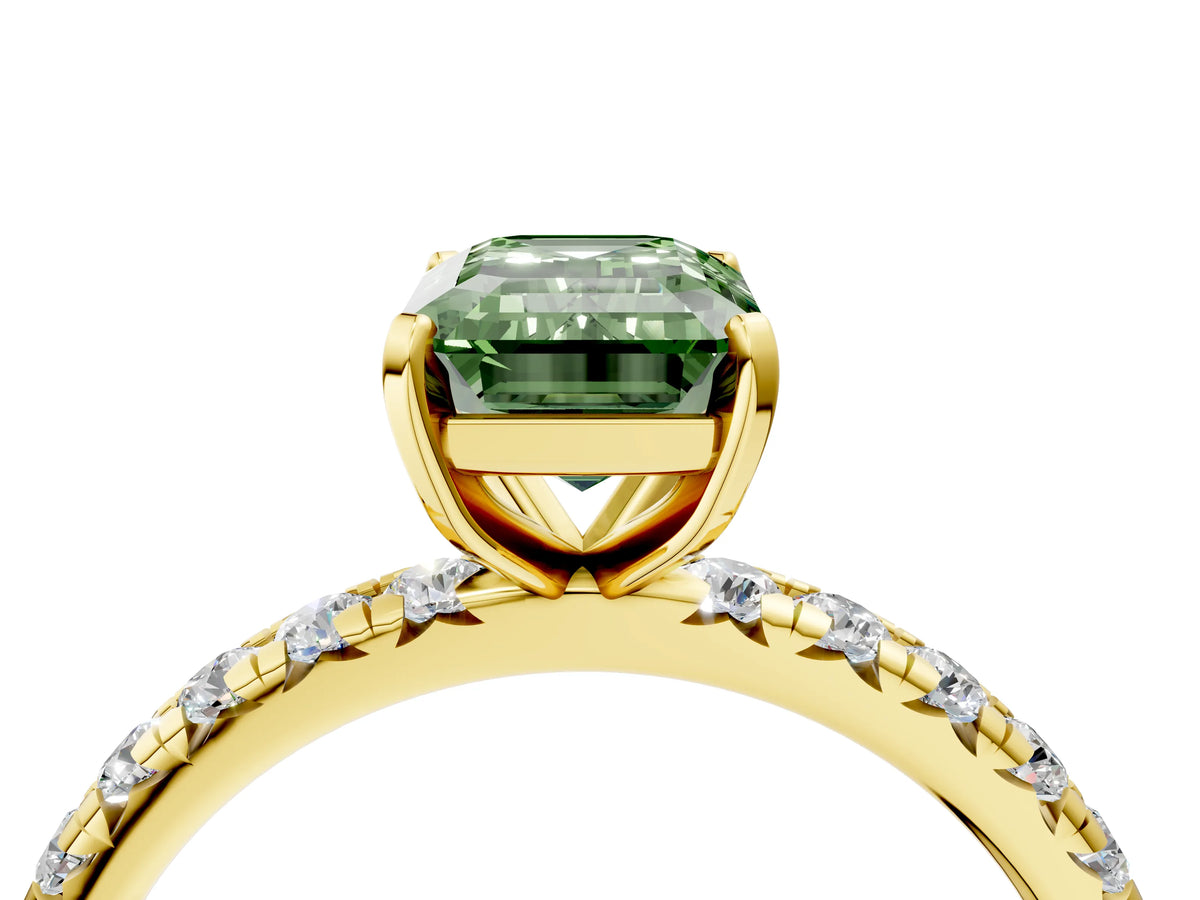 Fancy Green Emerald Cut Diamond Pavé Solitaire Ring in Yellow gold with Round Pavé Band and Prong Setting_4