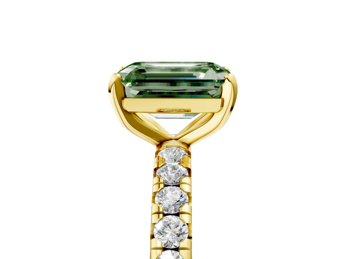 Fancy Green Emerald Cut Diamond Pavé Solitaire Ring in Yellow gold with Round Pavé Band and Prong Setting_5