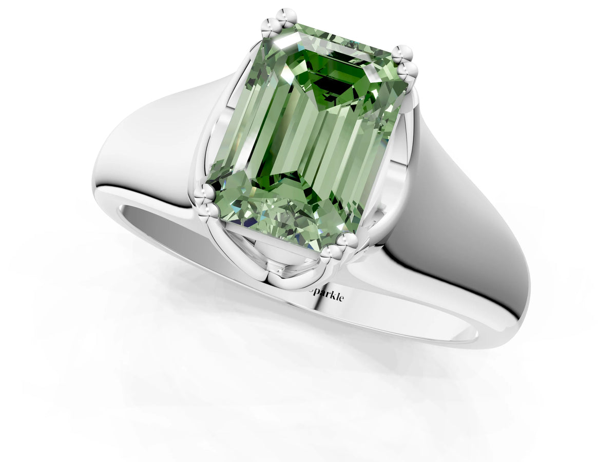 Fancy Green Emerald Cut Diamond Solitaire Ring in Platinum with Smooth Wide Band and Prong Setting_13