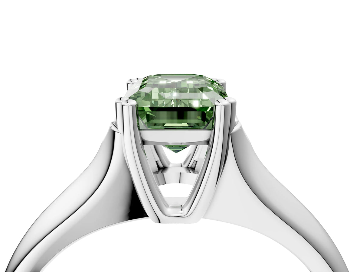 Fancy Green Emerald Cut Diamond Solitaire Ring in Platinum with Smooth Wide Band and Prong Setting_16