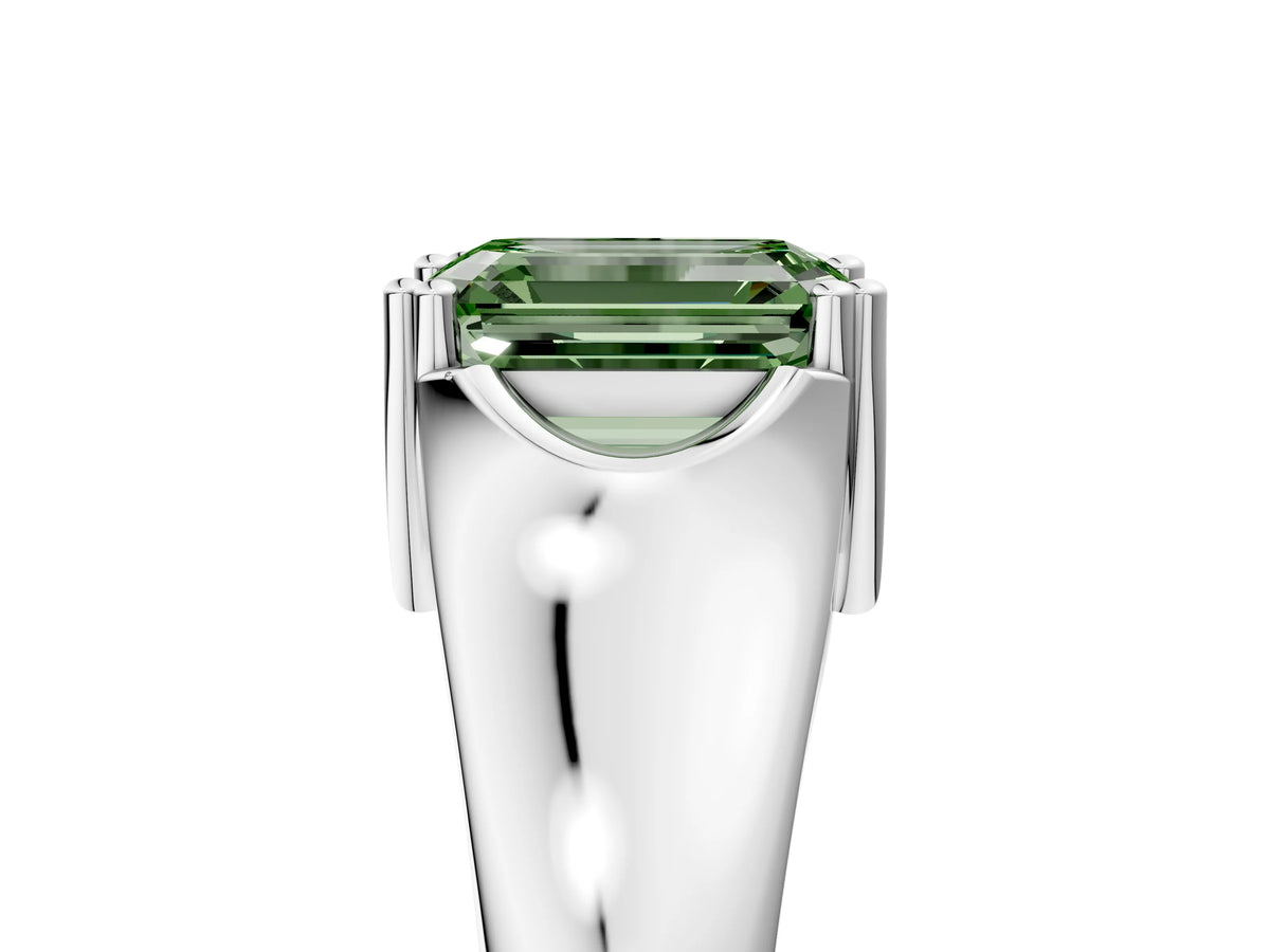 Fancy Green Emerald Cut Diamond Solitaire Ring in Platinum with Smooth Wide Band and Prong Setting_17
