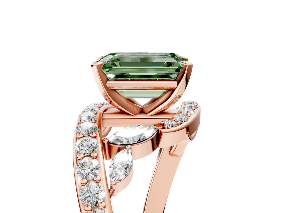 Fancy Green Emerald Cut Diamond Solitaire Ring in Rose gold with Pavé Twist Band and Prong Setting_5