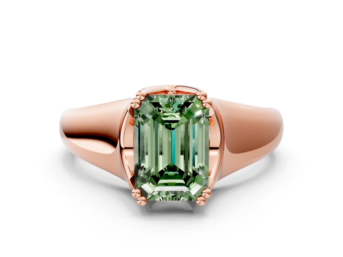 Fancy Green Emerald Cut Diamond Solitaire Ring in Rose gold with Smooth Wide Band and Prong Setting