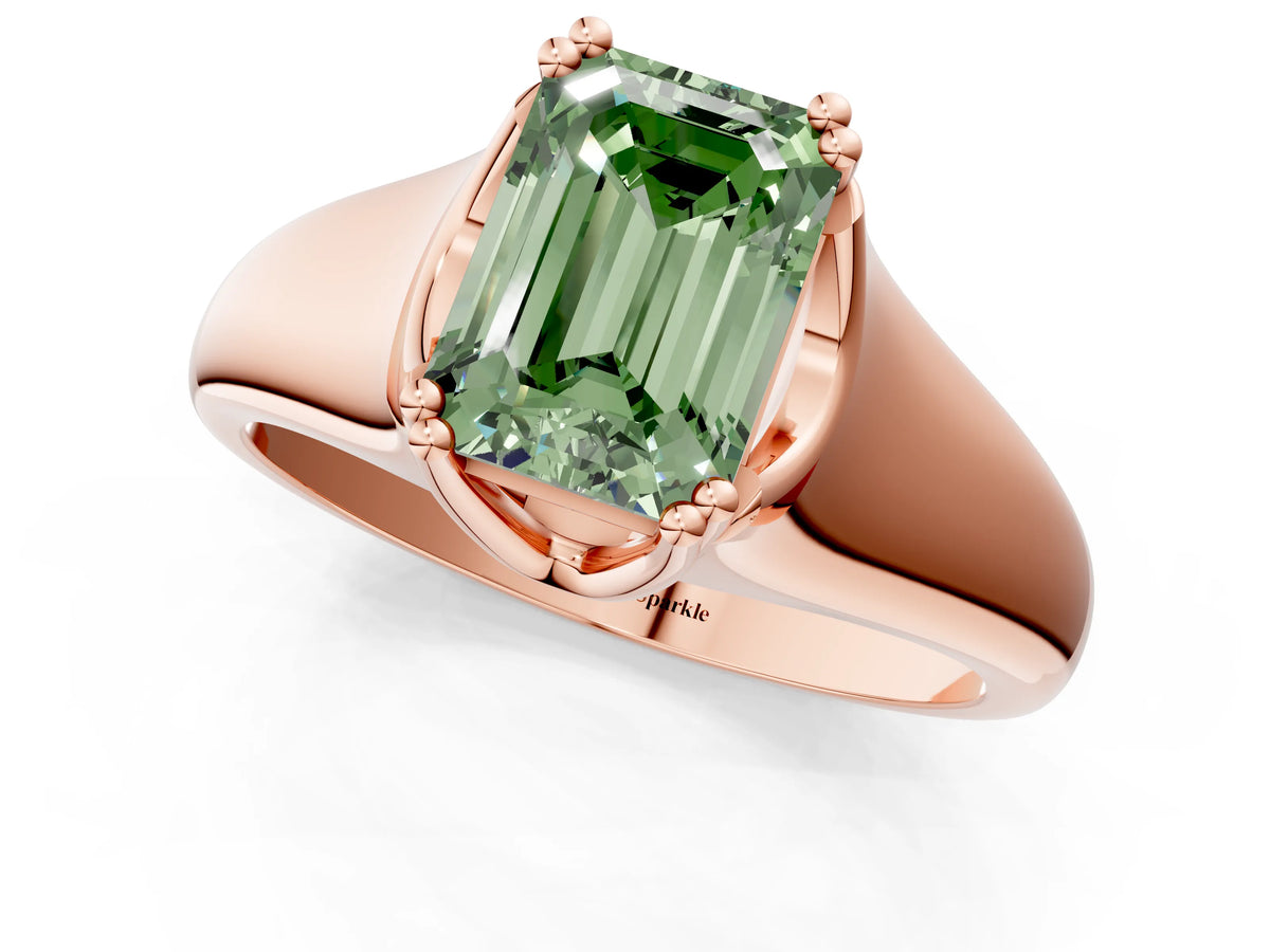Fancy Green Emerald Cut Diamond Solitaire Ring in Rose gold with Smooth Wide Band and Prong Setting_1