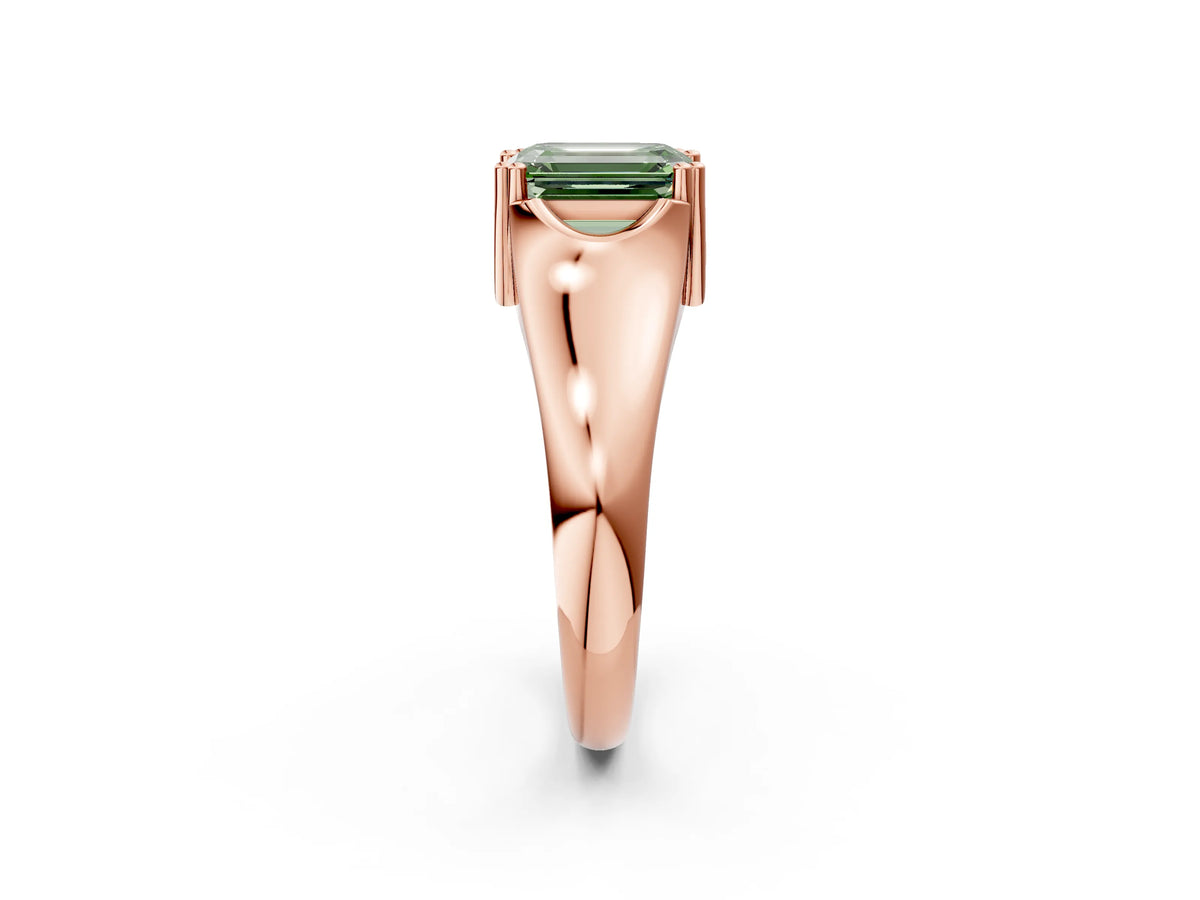 Fancy Green Emerald Cut Diamond Solitaire Ring in Rose gold with Smooth Wide Band and Prong Setting_2