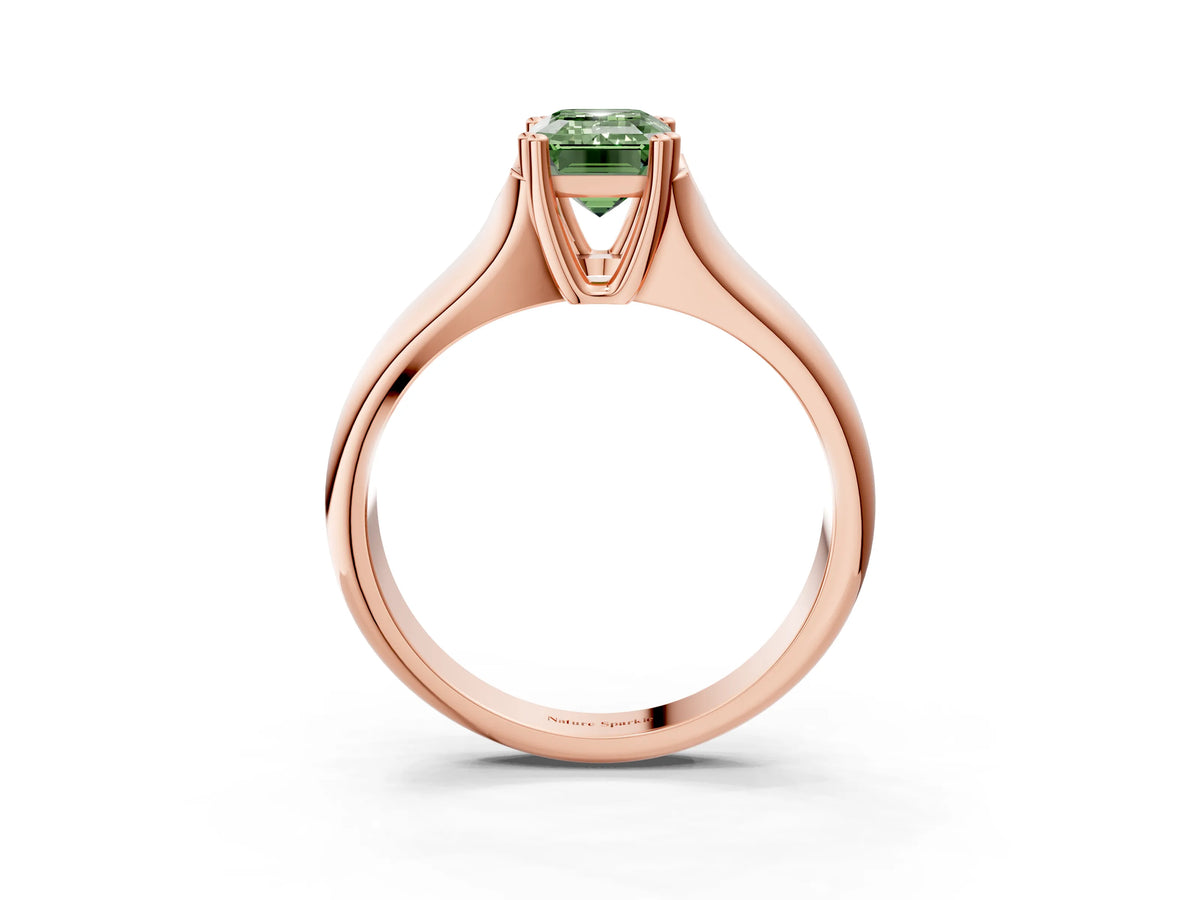 Fancy Green Emerald Cut Diamond Solitaire Ring in Rose gold with Smooth Wide Band and Prong Setting_3