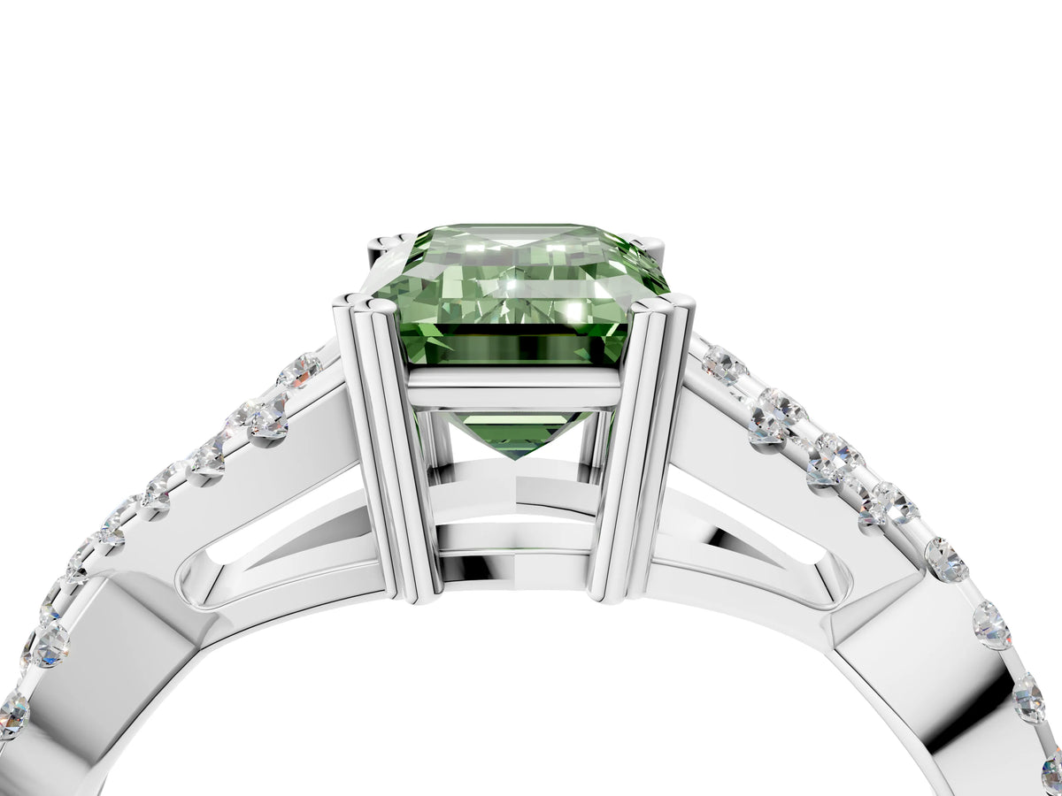 Fancy Green Emerald Cut Diamond Solitaire Ring in Silver with Interwoven Pavé Band and Prong Setting_10