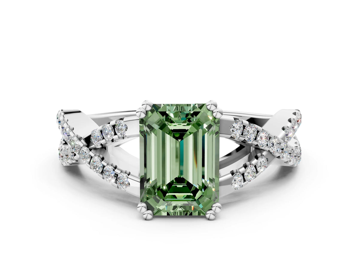 Fancy Green Emerald Cut Diamond Solitaire Ring in Silver with Interwoven Pavé Band and Prong Setting_6