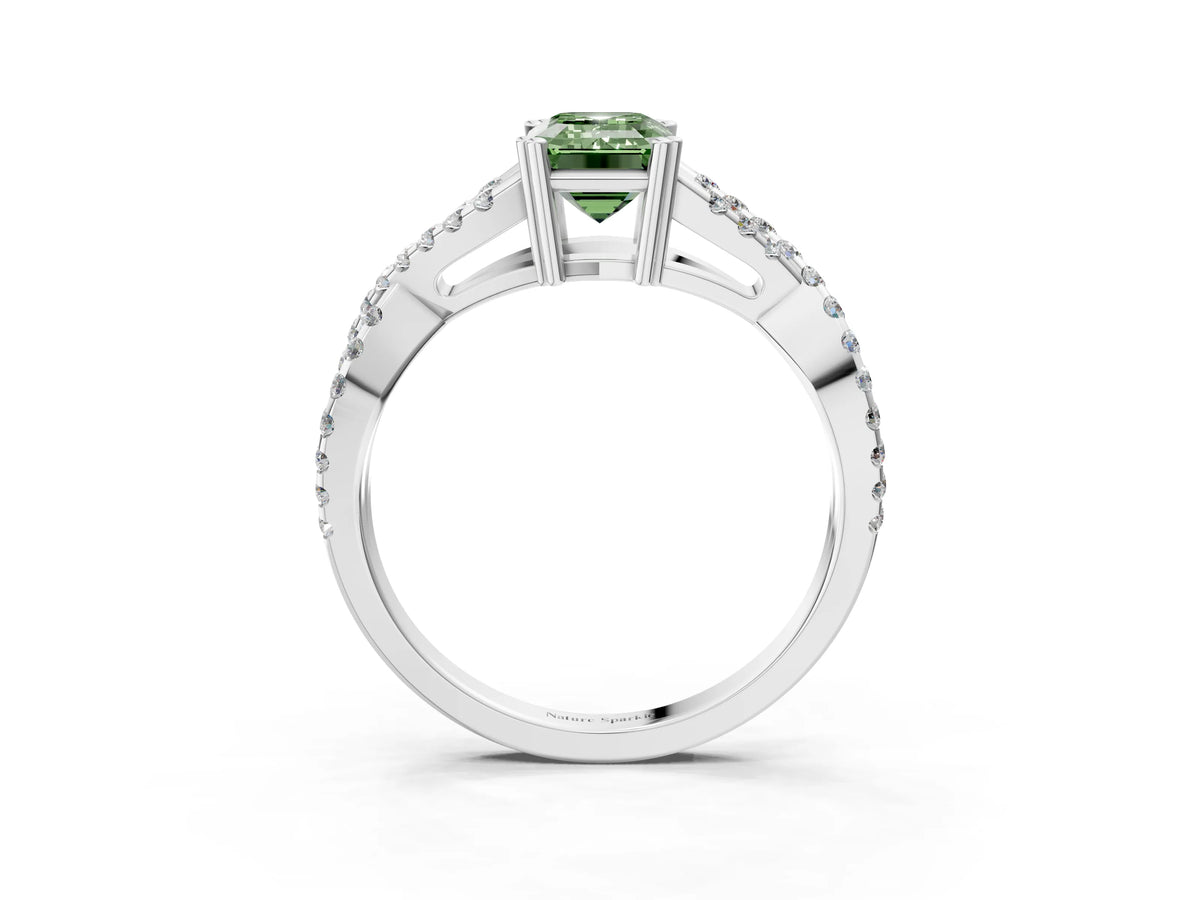 Fancy Green Emerald Cut Diamond Solitaire Ring in Silver with Interwoven Pavé Band and Prong Setting_9