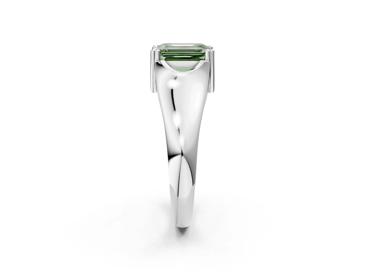 Fancy Green Emerald Cut Diamond Solitaire Ring in Silver with Smooth Wide Band and Prong Setting_14