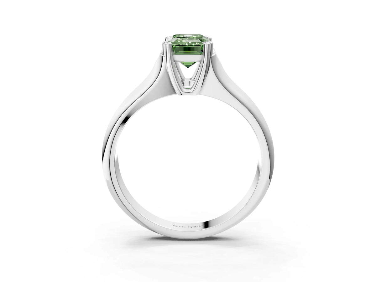 Fancy Green Emerald Cut Diamond Solitaire Ring in Silver with Smooth Wide Band and Prong Setting_15