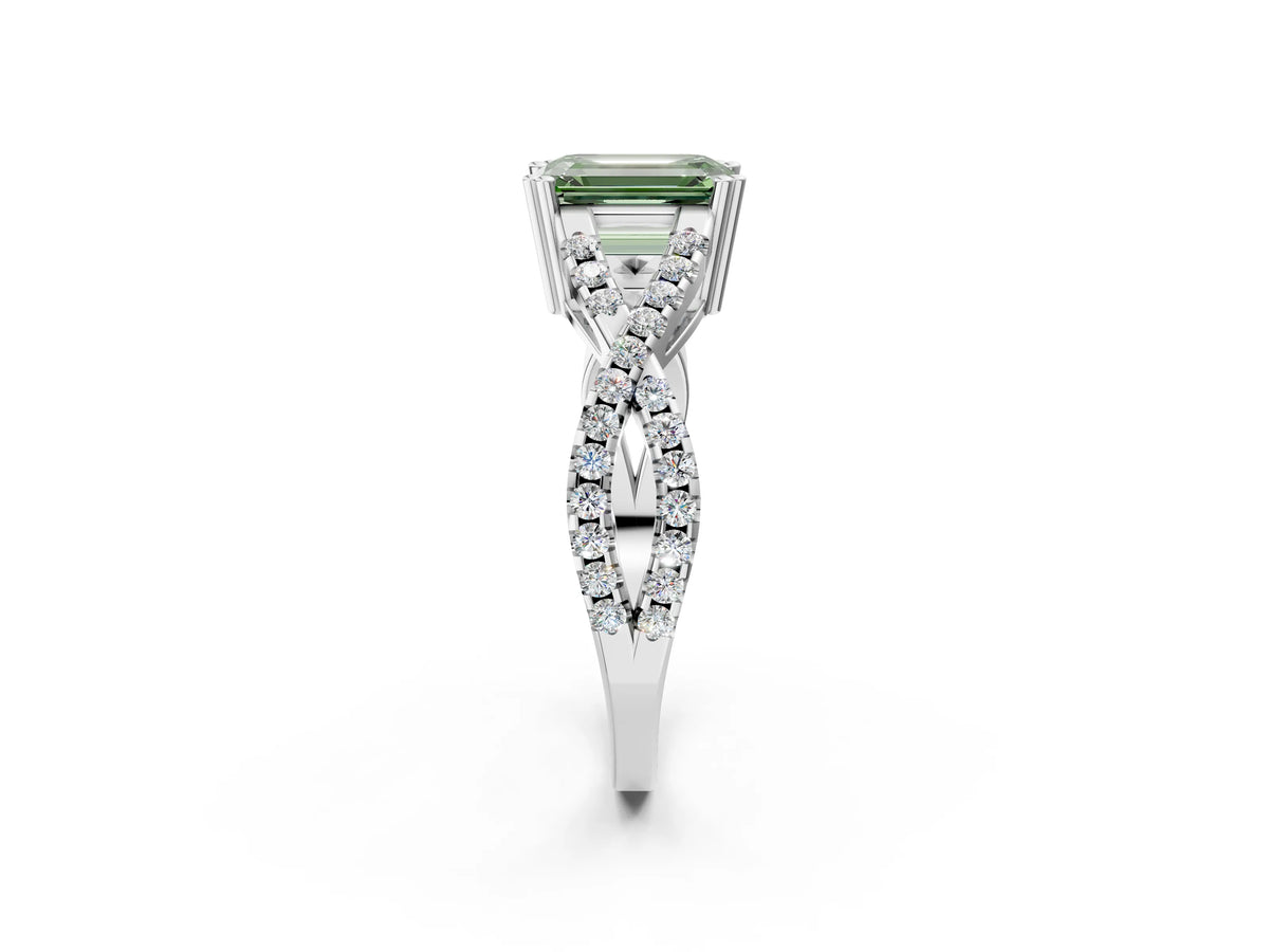 Fancy Green Emerald Cut Diamond Solitaire Ring in White gold with Interwoven Pavé Band and Prong Setting_2