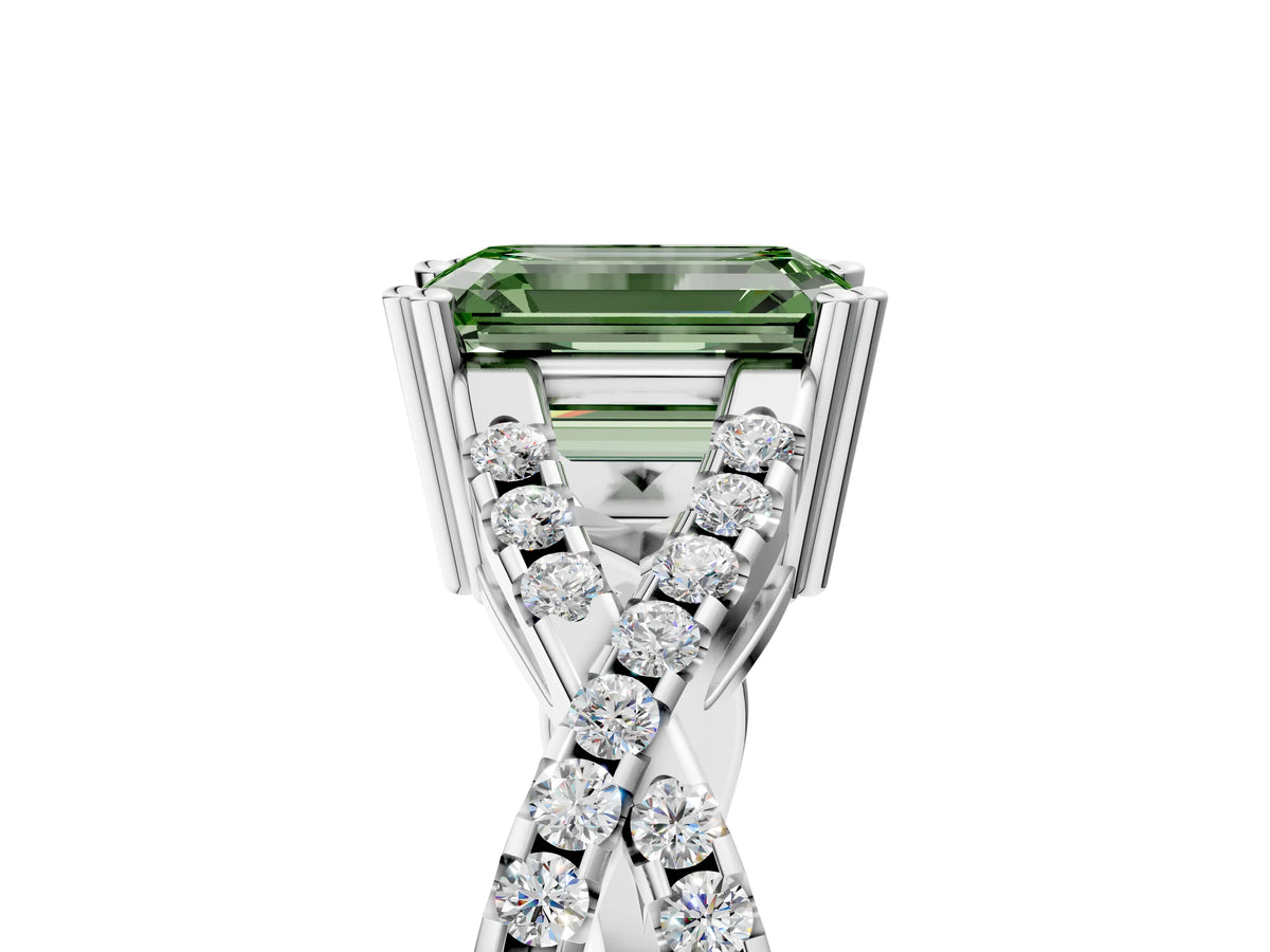 Fancy Green Emerald Cut Diamond Solitaire Ring in White gold with Interwoven Pavé Band and Prong Setting_5